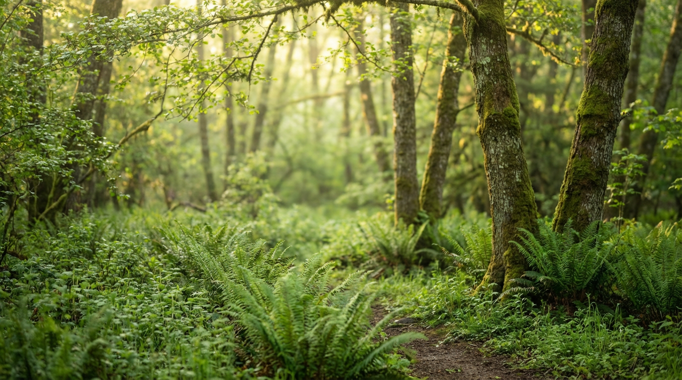 Forest path with moss-covered trees and ferns